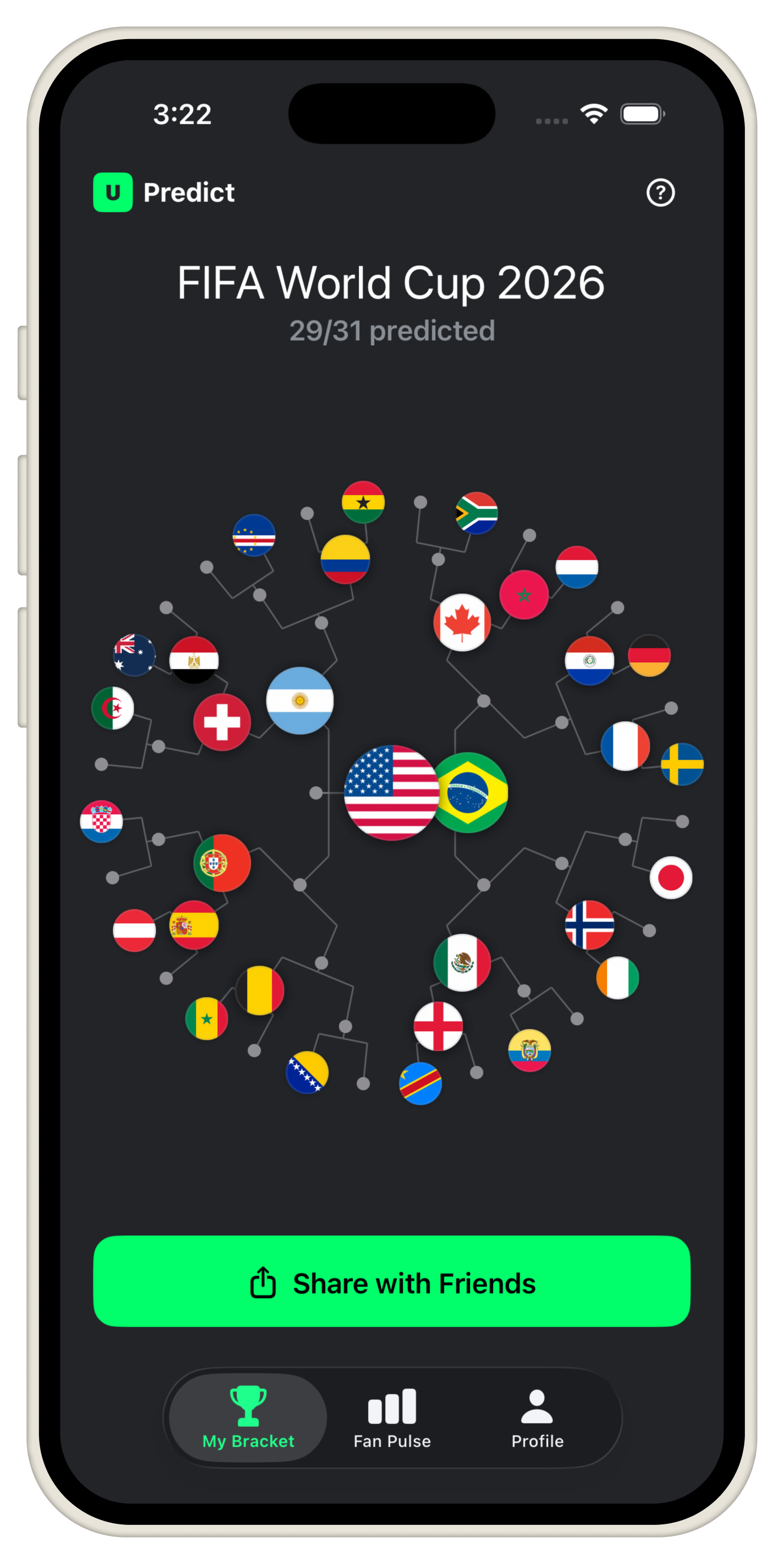 UPredict home screen showing the FIFA World Cup 2026 bracket wheel