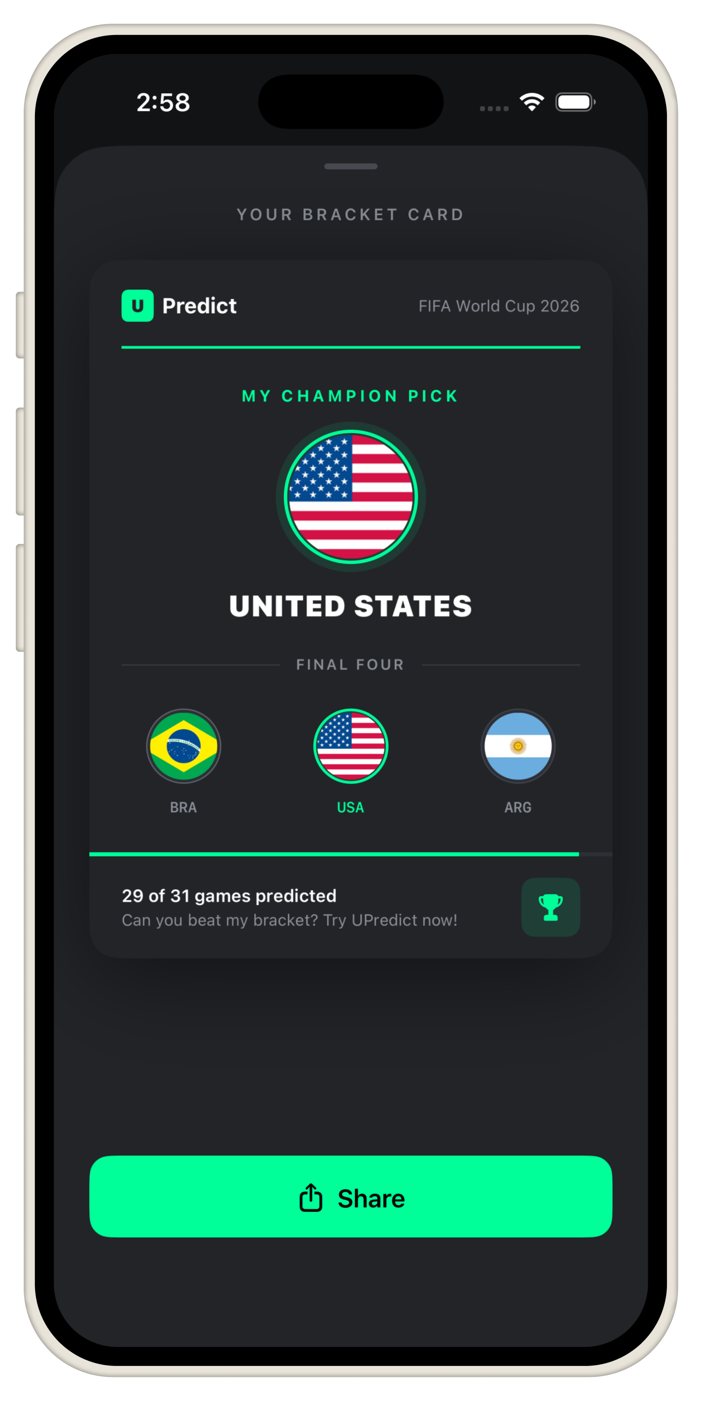 UPredict shareable bracket card showing a user's champion pick and final four