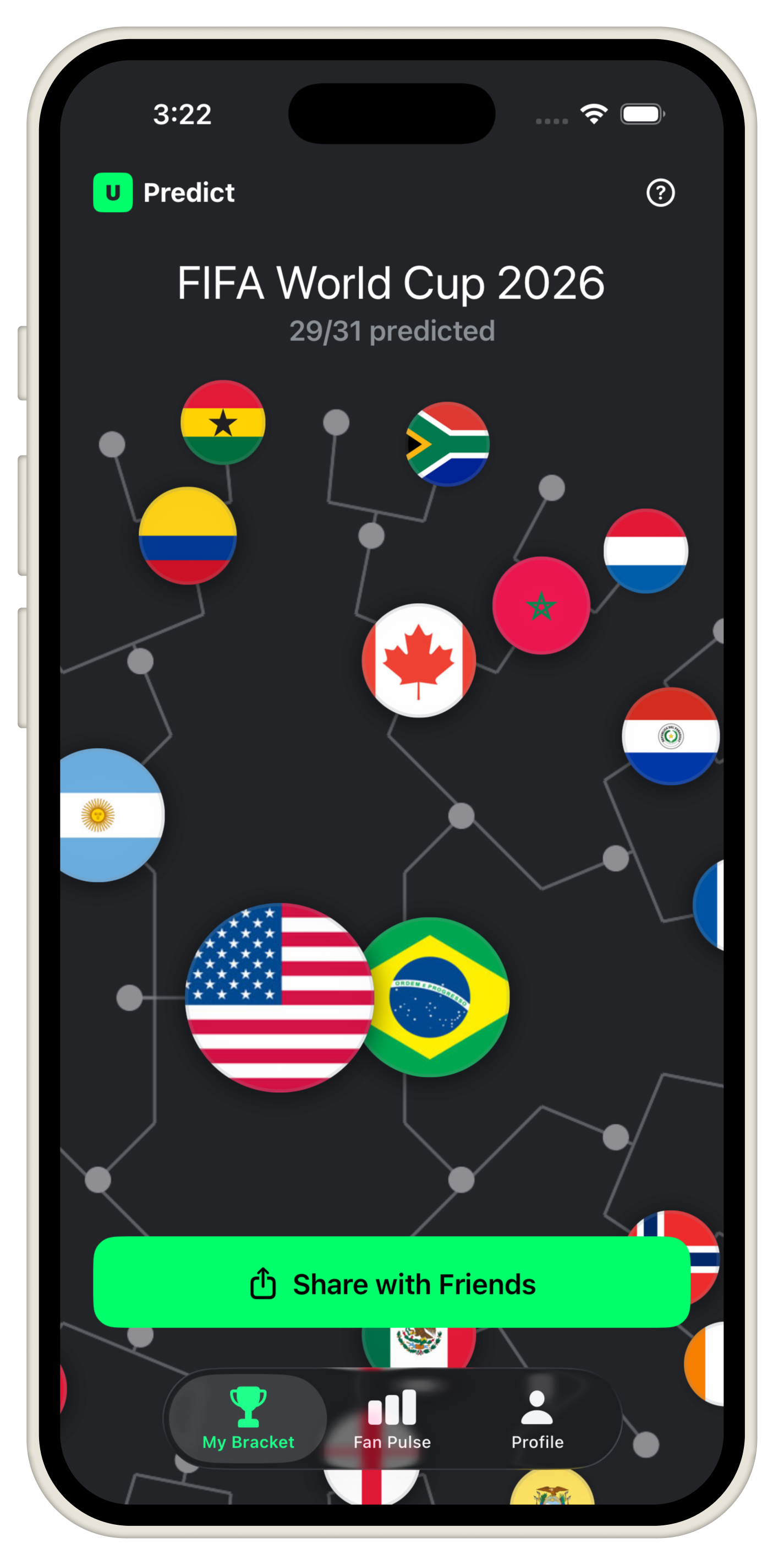 UPredict circular bracket wheel showing World Cup 2026 team flags arranged in concentric rings